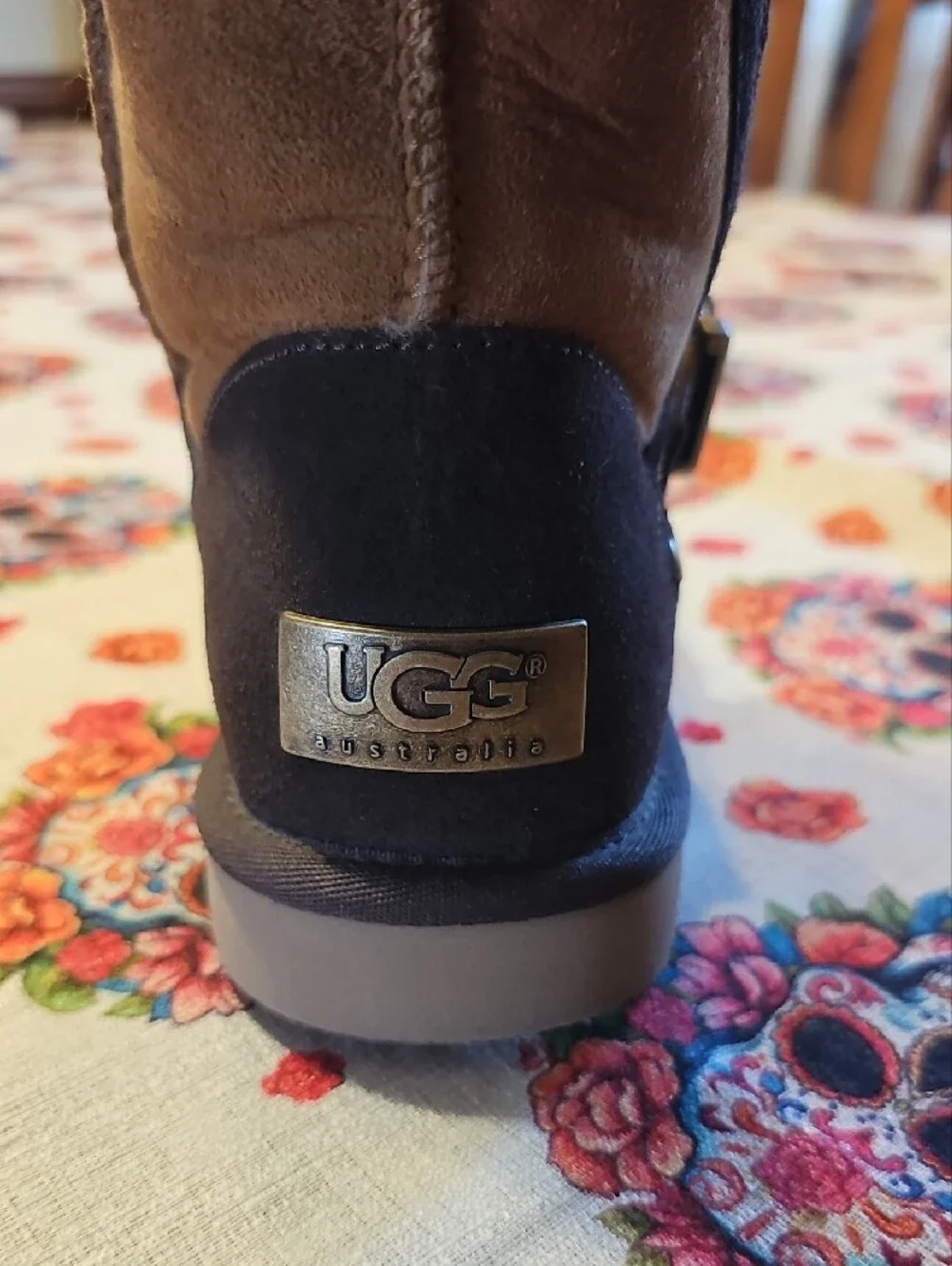 UGG Women's Chestnut Suede Shearling Boots with Black Strap